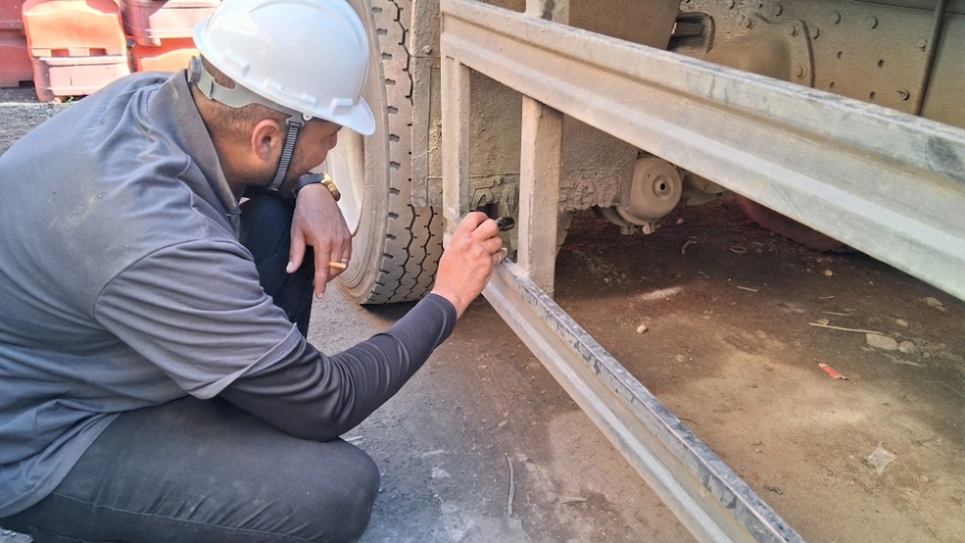 Engenheiro inspecionando chassi e estrutura de caminhão durante avaliação técnica